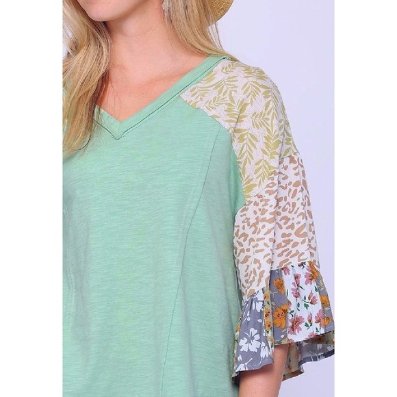 New Gigio Size S L Mint with Multicolor Print Mix Ruffle Sleeve Solid V-neck Top - Picture 5 of 5